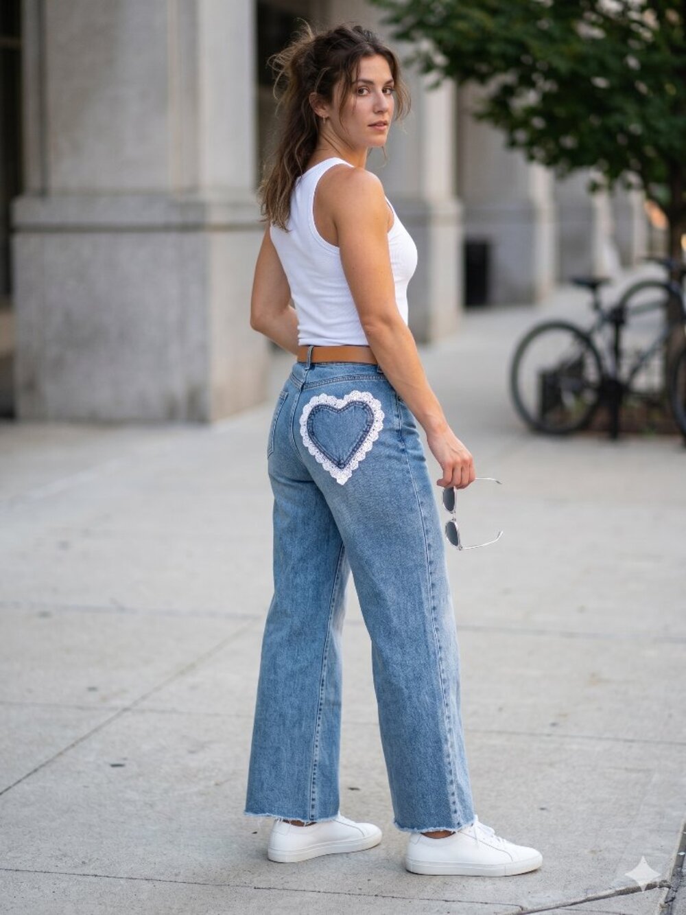 Ashley Mason Lace Heart Wide Leg Denim Jeans Frayed Hem